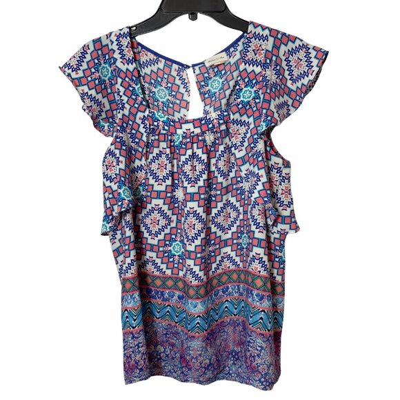 Meadow Rue Anthro Flutter Sleeve Square Neck Blouse Blue 4 Open Back Aztec - Picture 1 of 8